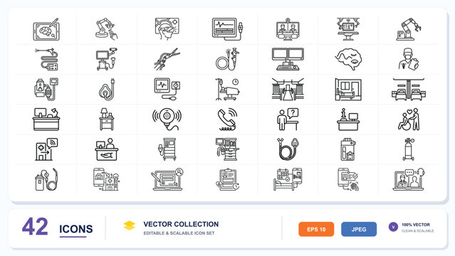A comprehensive set of forty-two distinct linear outline icons representing banking, shipping logistics, shopping, people, and security services for web and app design use cases, displayed in a