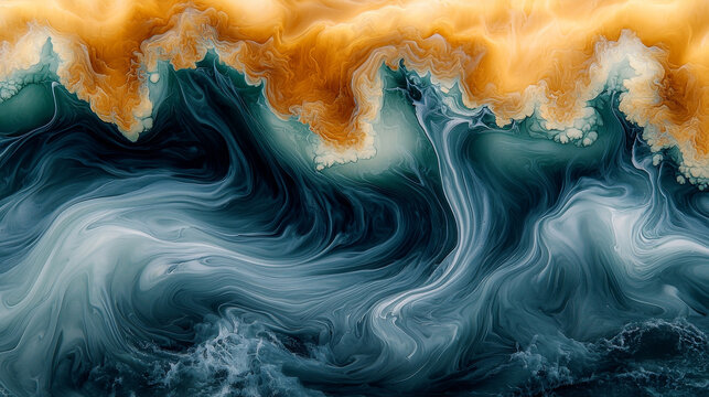 Abstract swirling paint pattern with vibrant orange and deep blue tones, resembling ocean waves and clouds, creates dynamic and energetic visual effect with fluid movement and texture