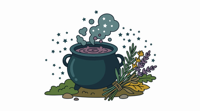Bubbling cauldron with magical herbs and smoke