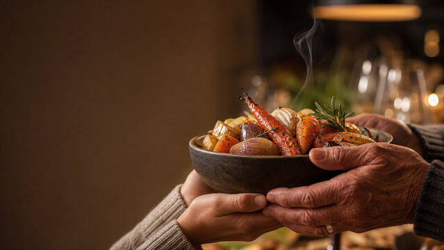 Generational Hands Passing Roasted Vegetable Bowl - Holiday Dinner Gathering Macro - Restaurant Menu Background - Warm Ambient Candlelight