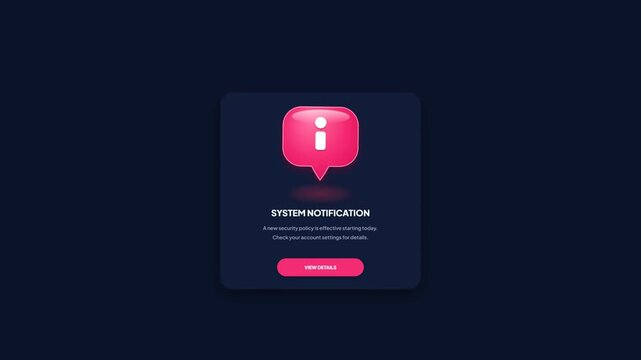 System Security Notification UI Pop-Up, Dark Mode 3D Pink Info Icon Graphic Animation for Web Application