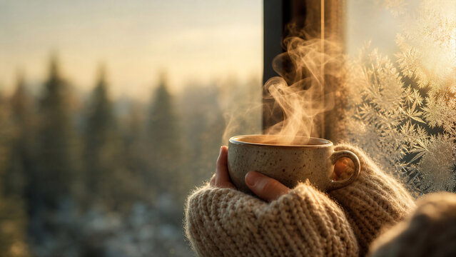 Hands Holding Steaming Mug by Frosted Window - Cozy Winter Living Macro - Lifestyle Brand Header - Warm Golden Morning Sun