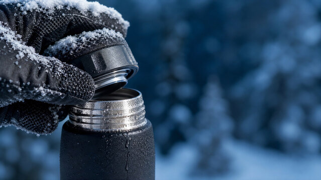 Gloved Hand Opening Thermal Flask in Snow - Outdoor Winter Gear Macro - E-Commerce Apparel Background - Crisp Alpine Daylight

