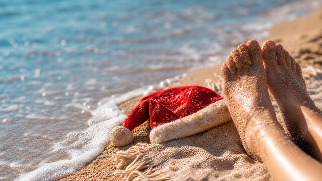 Sandy Feet beside Santa Hat on Beach Towel - Southern Hemisphere Summer Christmas Macro - Holiday Travel Header - Bright Coastal Sunlight
