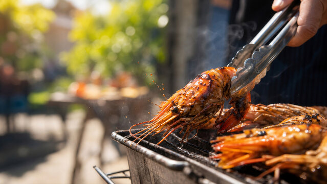 Tongs Turning King Prawn on Hot Barbecue Grill - Southern Hemisphere Summer Feast Macro - Outdoor Dining Banner - Bright Summer Sunlight
