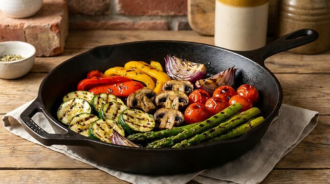 Fresh grilled vegetables cooking in a black cast iron pan on a rustic wooden table. grilled vegetable medley
