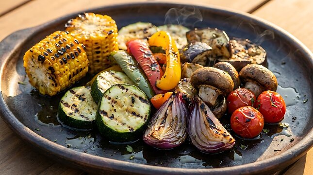 Delicious grilled vegetables with corn and mushrooms on a black plate. grilled vegetable medley
