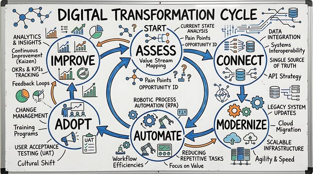 Digital transformation cycle diagram illustrated on a whiteboard showing business process optimization and technological integration steps.