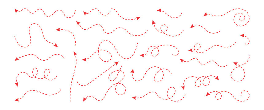 Red dotted arrow vector collection with wavy curved direction paths for creative navigation graphics. vector illustration