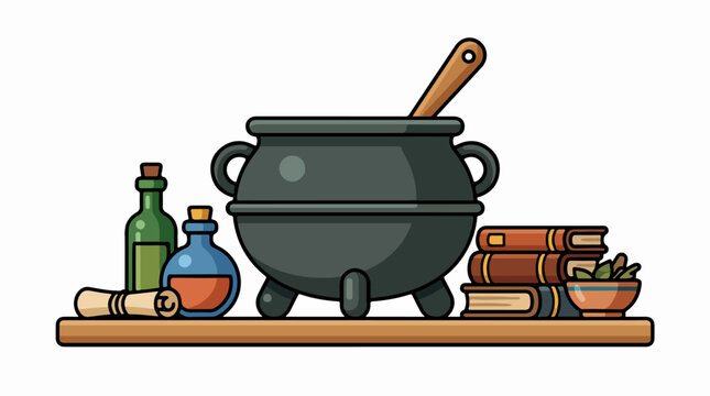 Witch cauldron with potion bottles and books