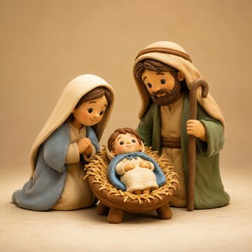 Clay Style Nativity with Baby Jesus Wearing a Blue Cape
