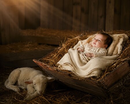 Baby Jesus in an Ivory Cape with a Peaceful Lamb