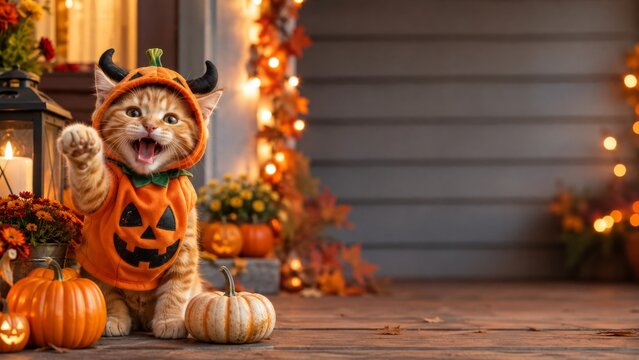 Orange Kitten in Pumpkin Costume Waving on Decorated Halloween Porch