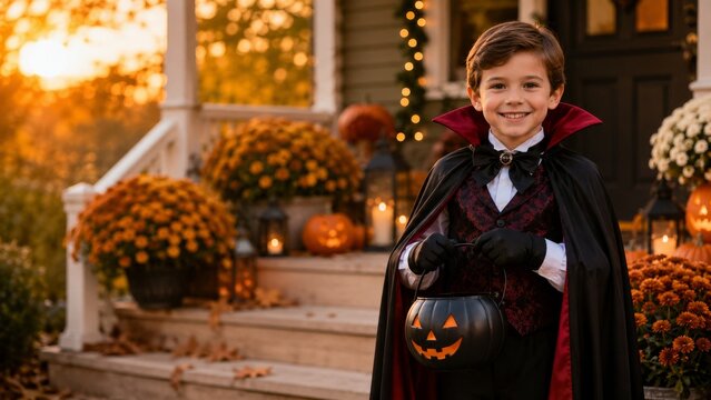 Happy Boy in Vampire Costume Holding Pumpkin Bucket on Halloween Porch