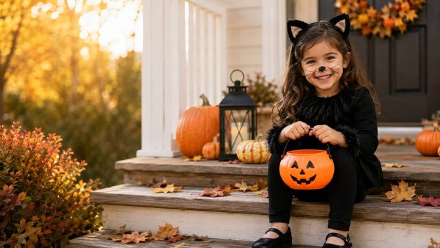 Girl in Black Cat Costume Sitting with Pumpkin Bucket on Halloween Porch