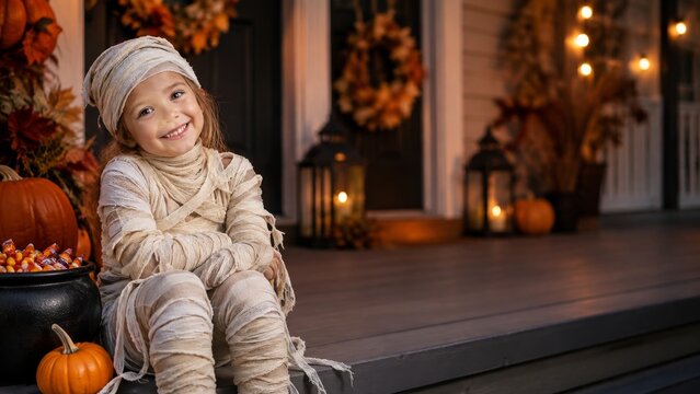 Cute Girl in Mummy Costume Sitting Beside Candy Cauldron on Halloween Porch