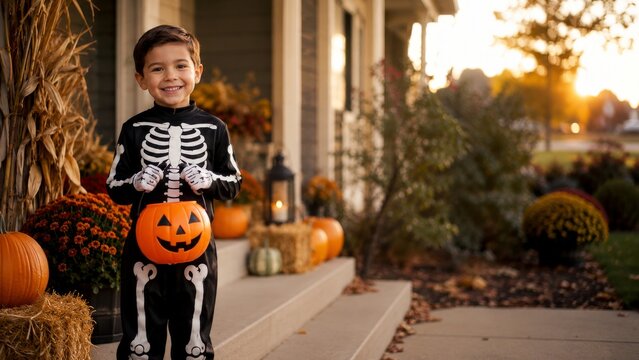 Smiling Boy in Skeleton Costume with Pumpkin Bucket on Decorated Porch