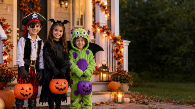 Three Children in Halloween Costumes with Pumpkin Buckets on Porch
