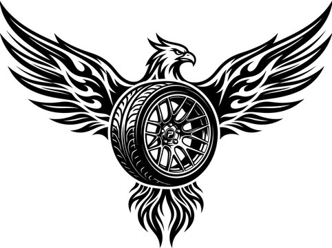 Black and white eagle bird emblem with a car wheel tire design.
