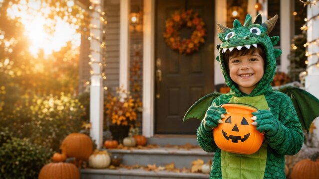 Happy Child in Dragon Costume Holding Pumpkin Bucket on Halloween Porch