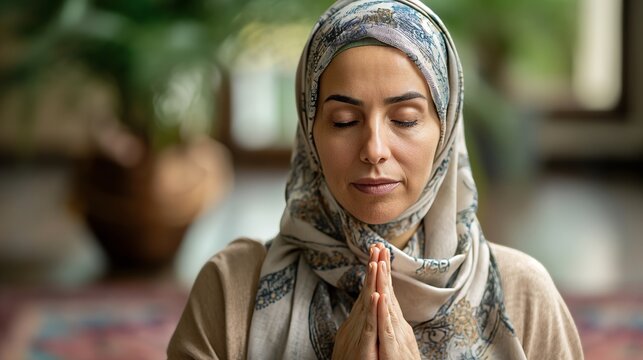 Woman in a serene indoor space practices mindfulness with hands in prayer position, eyes closed, offering a peaceful moment of reflection