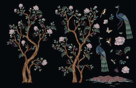 Chinoiserie Peacock Isolated Elements Collection with Floral Trees Birds Butterflies Oriental Garden Illustration