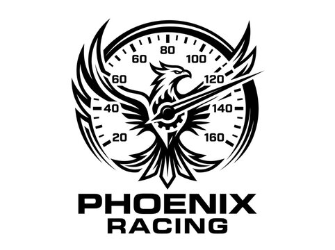 Black and white logo featuring a stylized phoenix bird integrated with a car speedometer design.