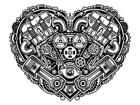 Black and white illustration of a mechanical heart made of engine parts.