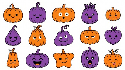 Naklejka premium Set of cute cartoon pumpkin characters with funny faces for halloween holiday decorations and design projects
