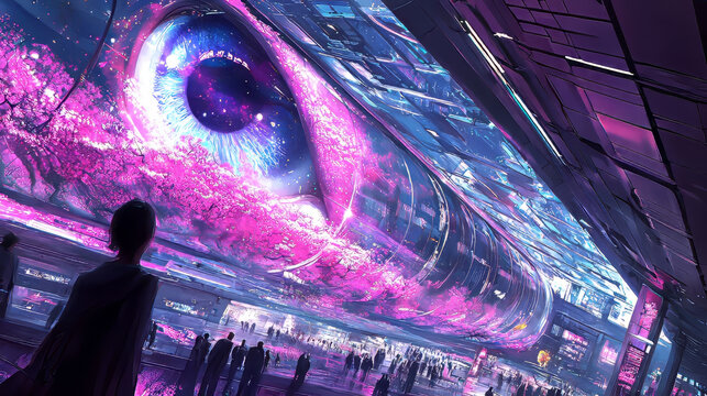 Surreal futuristic cityscape with giant glowing eye vibrant pink cherry blossom digital screens neon light people walking emotional night sci fi atmosphere