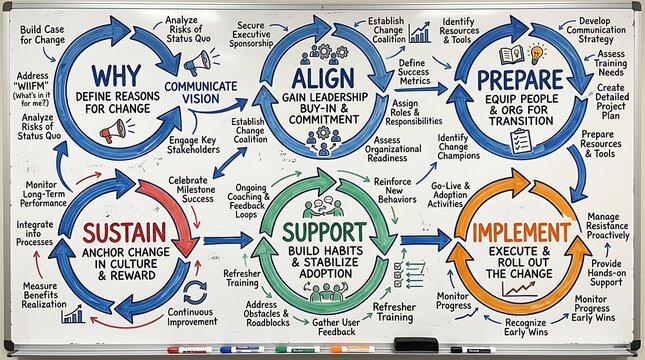 Change management process diagram displayed on a whiteboard for business strategy and organizational transformation planning.