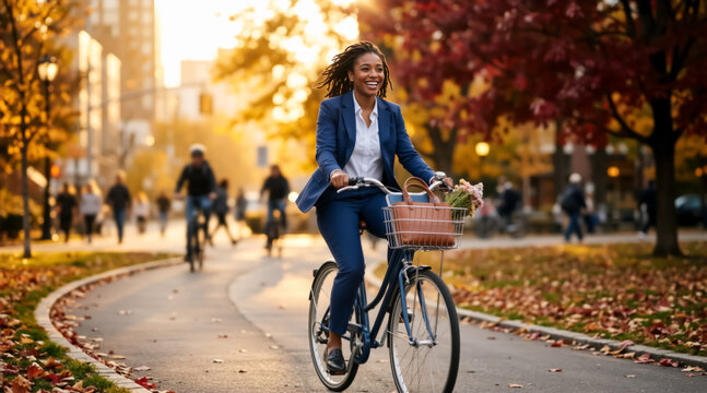 Happy young businesswoman riding a bicycle in an autumn park. Active urban commuting and sustainable transport concept