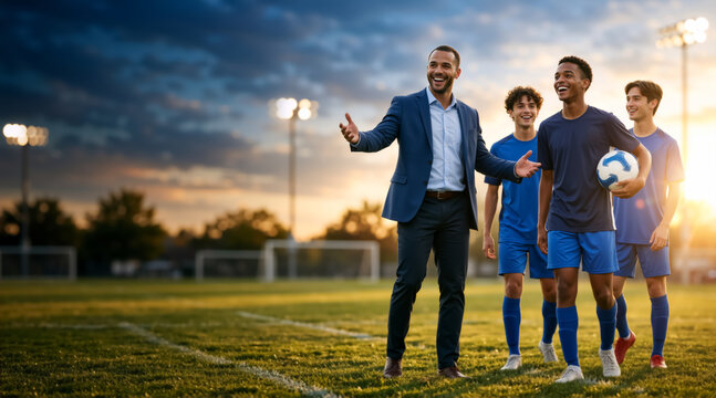 Smiling soccer coach talking to young players on the field at sunset. Sports teamwork and leadership concept