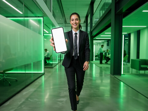 Smiling businesswoman showing blank smartphone screen in modern office. Young corporate professional walking in green lit hallway holding mobile phone mockup. Copy space for text