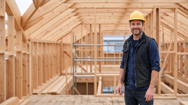 Smiling male construction worker in a yellow hard hat standing inside a wooden house frame. Portrait of a caucasian builder at a residential building site. Carpentry and development concept
