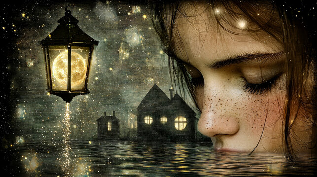 Surreal portrait of young woman with freckles eyes closed beside glowing lantern with moon inside dreamy night sky water reflection magical emotional fantasy art