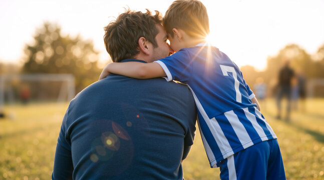 Father and son hugging on a soccer field at sunset. Proud dad embracing young boy in blue jersey after a game. Family bonding and sports concept