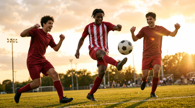 Soccer player kicking the ball mid-air during a game. Dynamic sports action with diverse team in red jerseys on the field at sunset. Competitive athletic tournament