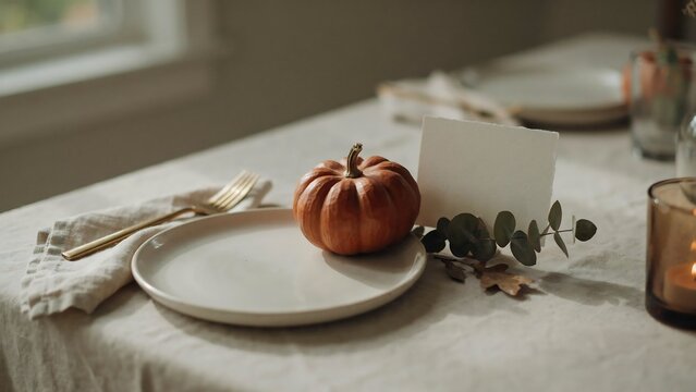 Autumn table setting with a small pumpkin and neutral colored dinnerware