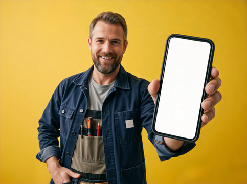 Smiling handyman showing a blank smartphone screen. Male mechanic with tools in pocket holding mobile phone for mockup against yellow background. Copy space for app advertisement