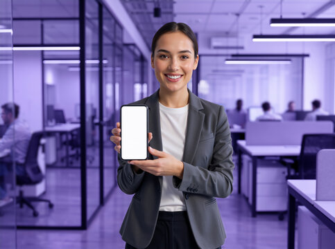 Businesswoman showing blank smartphone screen in a modern office. Smiling female corporate employee holding mobile phone for app mockup. Copy space for digital advertisement