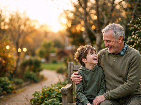 Older man and young boy laughing on a wooden bench in a park. Grandfather and grandson bonding outdoors during golden hour. Happy family lifestyle concept