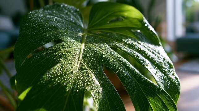Extreme close-up of a dew-covered monstera leaf inside a modern biophilic apartment, with sunlight illuminating intricate leaf veins.