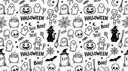 Obraz premium Black and white halloween seamless pattern with ghosts with Seamless vector illustration with background, tombstone