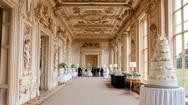 Elegant ornate hall with gilded decor tall windows white floral arrangements wedding cake luxurious setting classic architecture celebration opulent bright festive