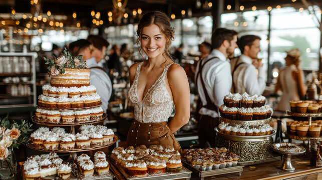 Elegant woman smiling beside ornate cake display vintage bakery interior festive atmosphere layered cakes cupcakes floral decor warm lighting joyful celebration upscale dessert table