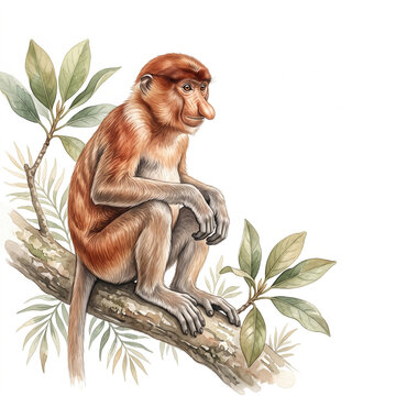 Juvenile Proboscis Monkey Bekantan Watercolor Illustration