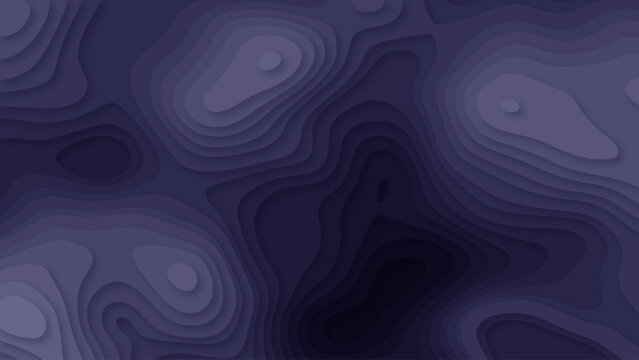 Dark Purple Topographic Contour Background with Layered Organic Shapes and Soft 3D Shadows. Abstract Dark Blue Purple Topographic Map Background with Multilayered Contour Lines.