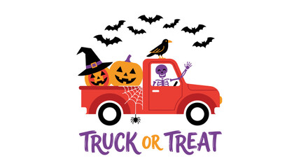 Fototapeta premium Skeleton driving a red truck carrying pumpkins and a witch hat with bats with carrying jack lanterns skeleton drives with illustration