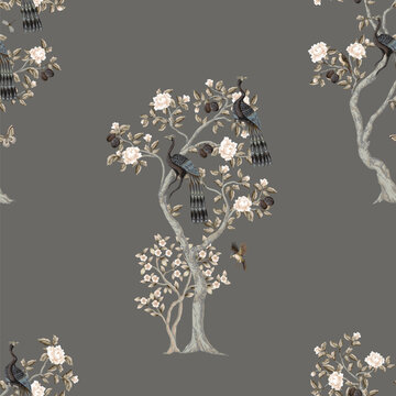 Chinoiserie Peacock Seamless Pattern with Floral Trees Birds Vintage Oriental Wallpaper Design Illustration